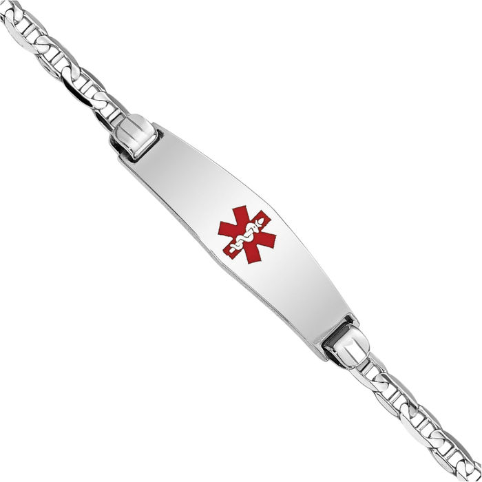 14K Solid White Gold Medical Alert Anchor Mariner Link Name Bar Identification ID Bracelet