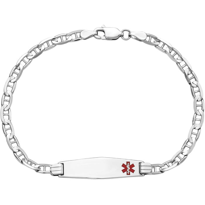 14K Solid White Gold Medical Alert Anchor Mariner Link Name Bar Identification ID Bracelet