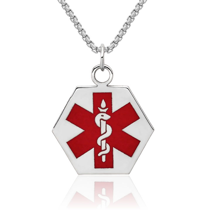 14K Solid White Gold Medical Alert Necklace Chain Pendant Charm