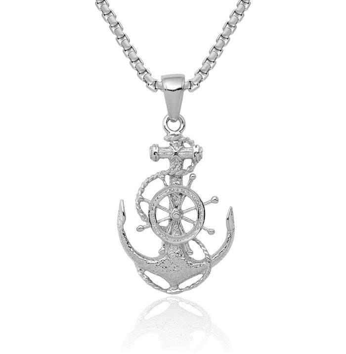 14K Solid White Gold Medium Anchor Mariner Wheel Necklace Nautical Charm Pendant