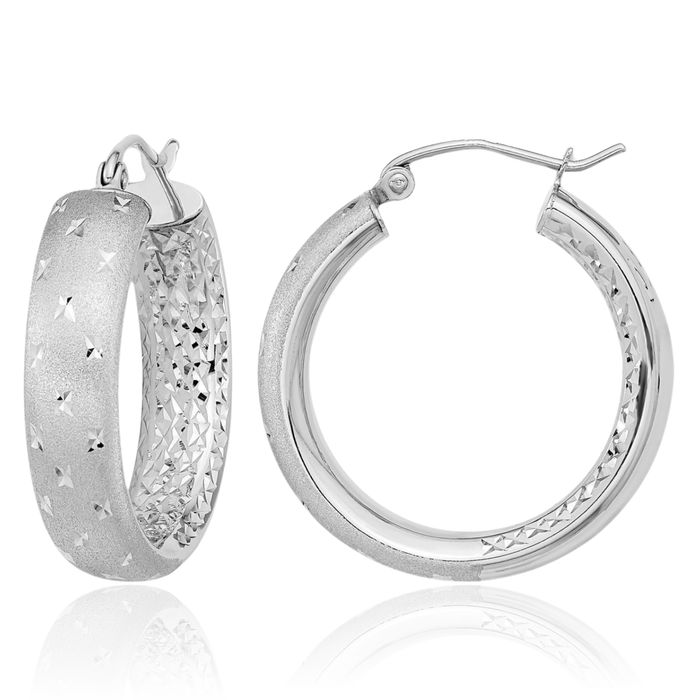 14K Solid White Gold Medium Hoop Earrings