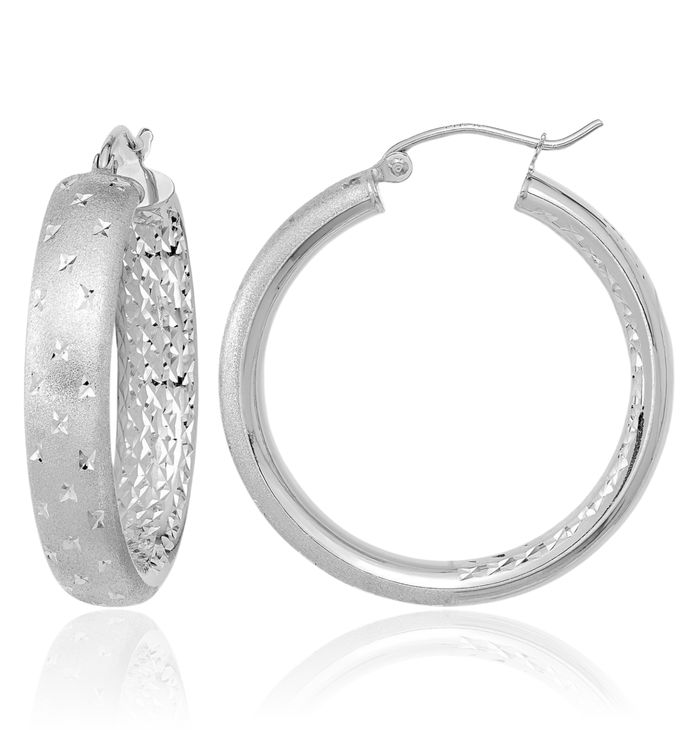 14K Solid White Gold Medium Hoop Earrings