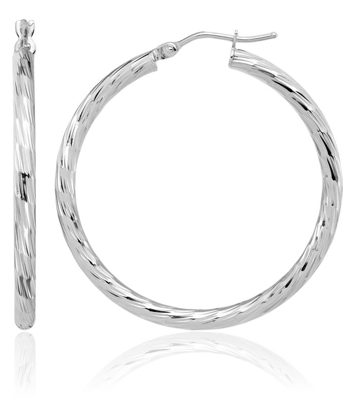 14K Solid White Gold Medium Hoop Earrings