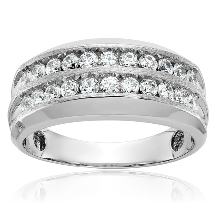 14K Solid White Gold Mens 2 Row Diamond Wedding Band Ring