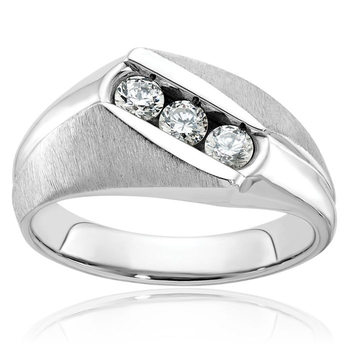 14K Solid White Gold Mens 3 Stone Diamond Statement Ring