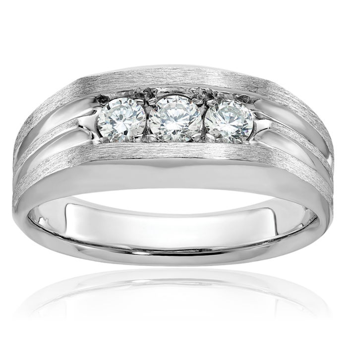 14K Solid White Gold Mens 3 Stone Diamond Wedding Band Statement Ring