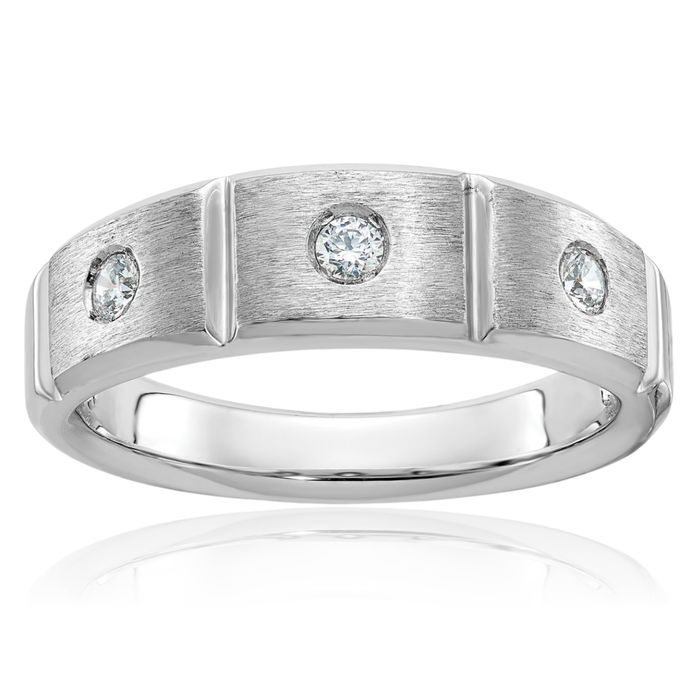 14K Solid White Gold Mens 3 Stone Diamond Wedding Band Ring