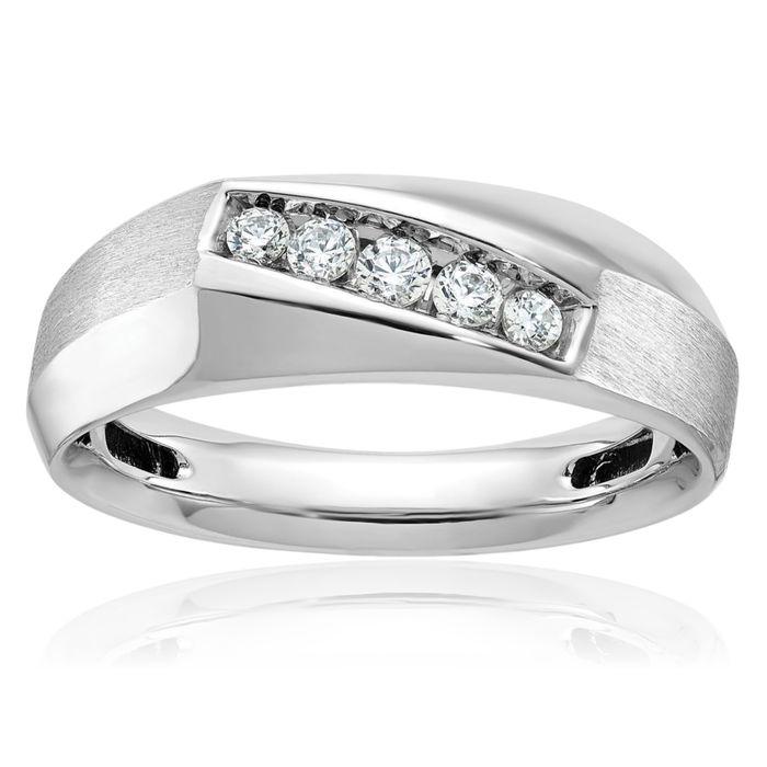 14K Solid White Gold Mens 5 Stone Diamond Statement Ring