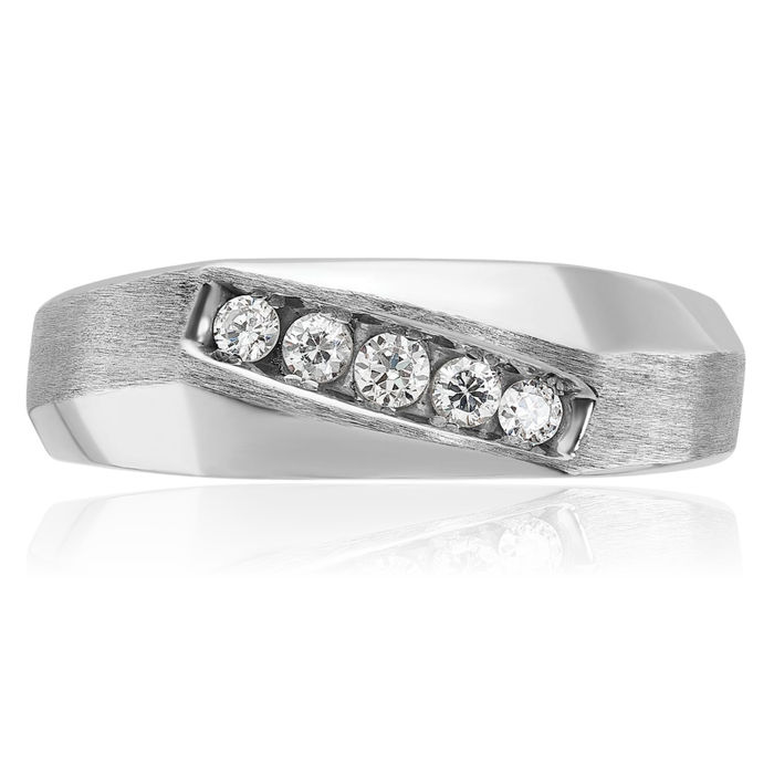 14K Solid White Gold Mens 5 Stone Diamond Statement Ring