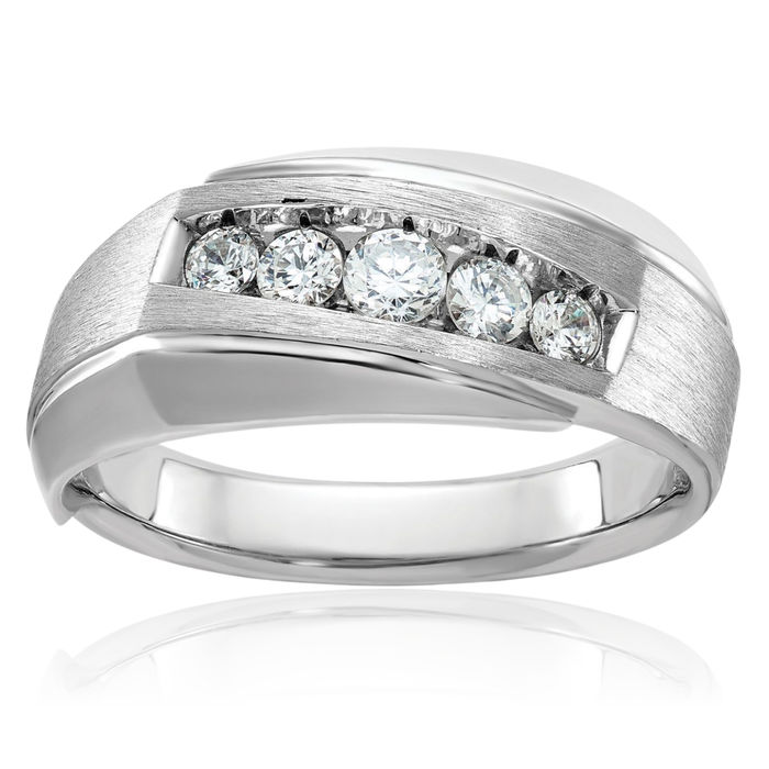 14K Solid White Gold Mens 5 Stone Diamond Wedding Band Statement Ring