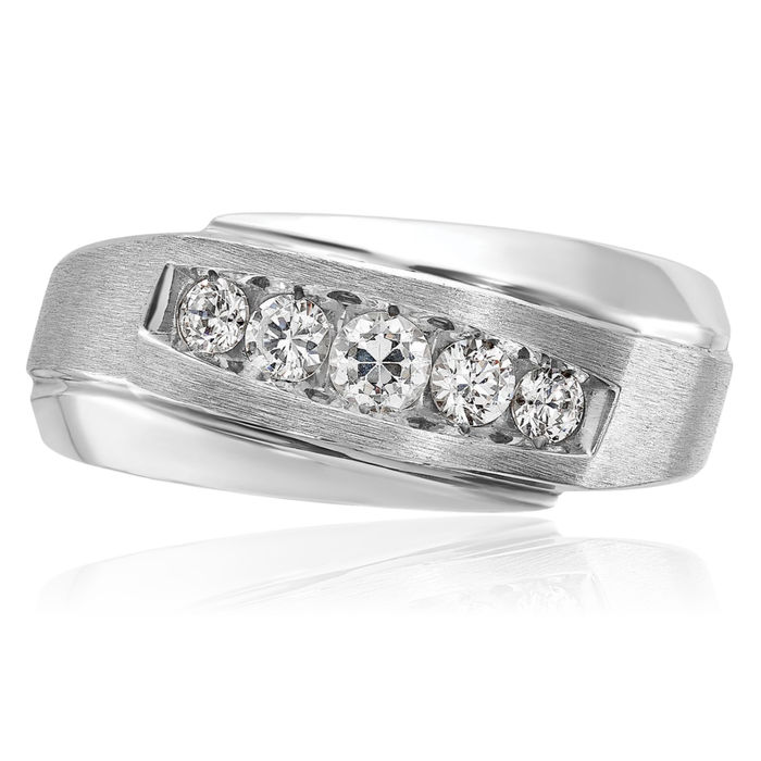 14K Solid White Gold Mens 5 Stone Diamond Wedding Band Statement Ring