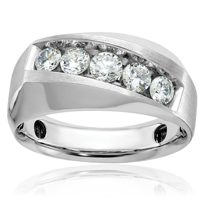 14K Solid White Gold Mens 5 Stone Diamond Wedding Band Statement Ring