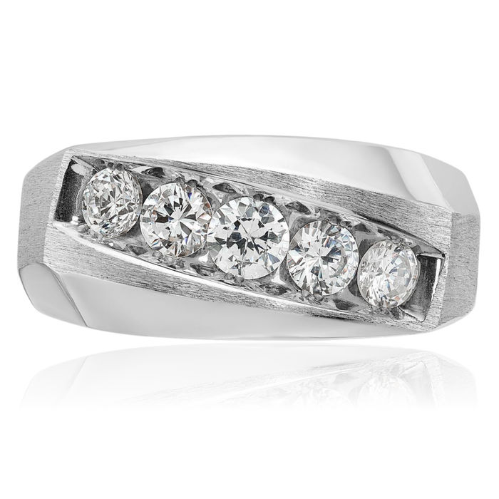 14K Solid White Gold Mens 5 Stone Diamond Wedding Band Statement Ring