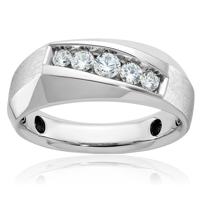 14K Solid White Gold Mens 5 Stone Diamond Wedding Band Statement Ring