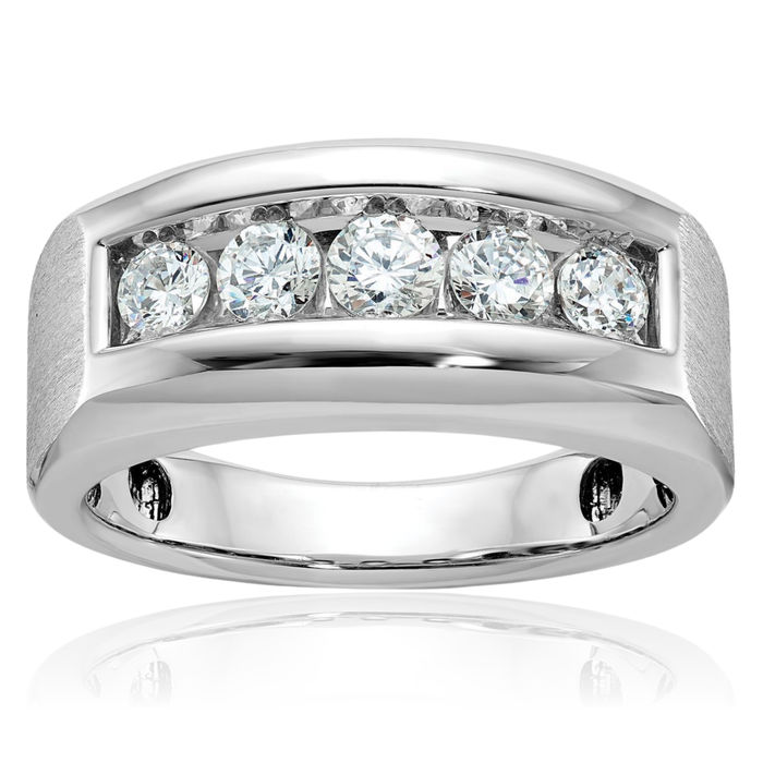 14K Solid White Gold Mens 5 Stone Diamond Wedding Band Ring