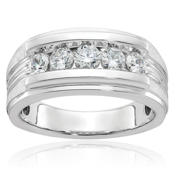 14K Solid White Gold Mens 5 Stone Diamond Wedding Band Ring