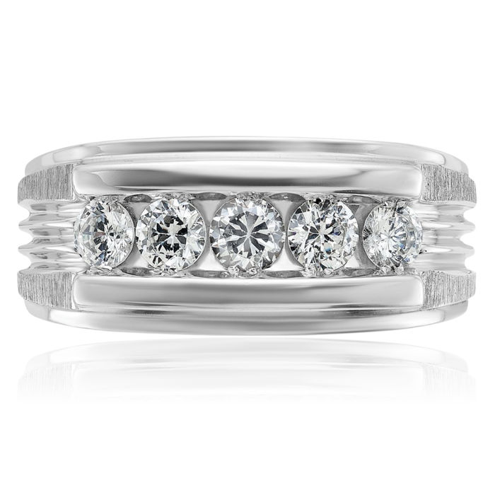 14K Solid White Gold Mens 5 Stone Diamond Wedding Band Ring