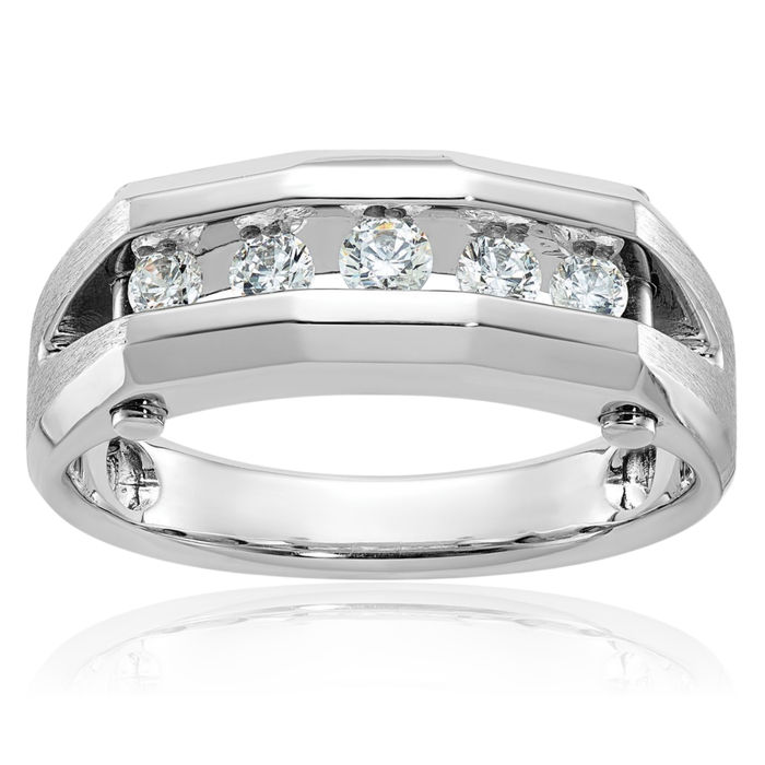 14K Solid White Gold Mens 5 Stone Diamond Wedding Band Ring