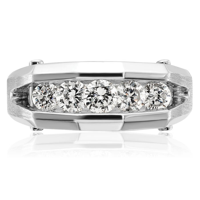 14K Solid White Gold Mens 5 Stone Diamond Wedding Band Ring