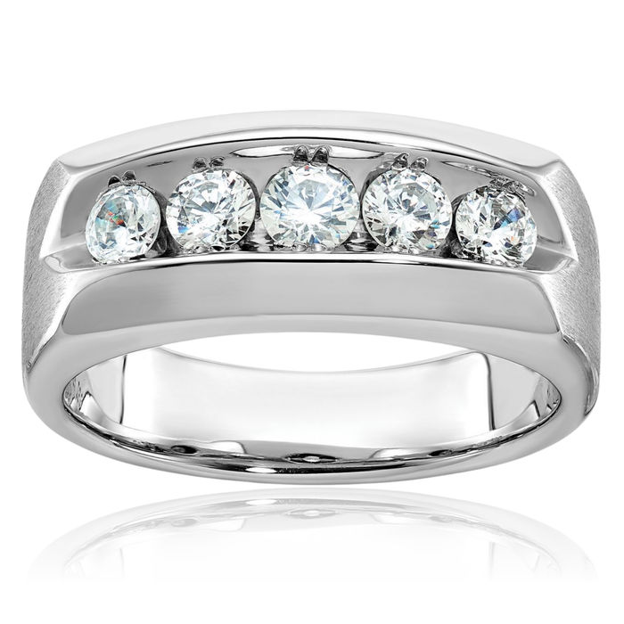 14K Solid White Gold Mens 5 Stone Diamond Wedding Band Ring