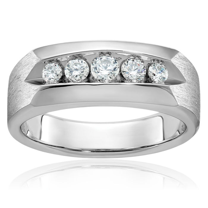 14K Solid White Gold Mens 5 Stone Diamond Wedding Band Ring