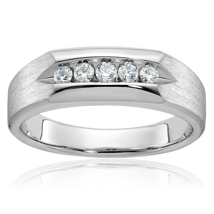 14K Solid White Gold Mens 5 Stone Diamond Wedding Band Ring