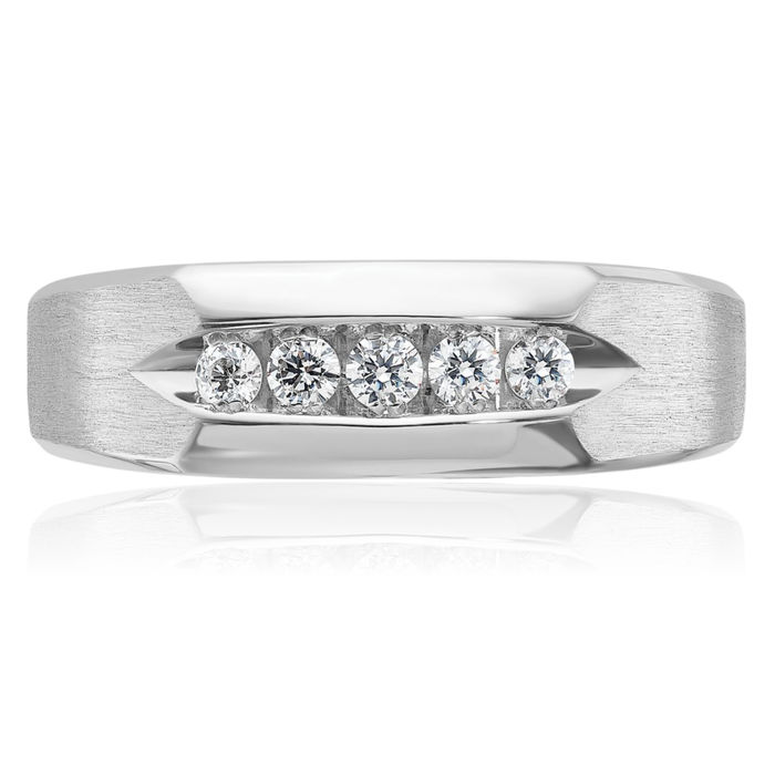 14K Solid White Gold Mens 5 Stone Diamond Wedding Band Ring