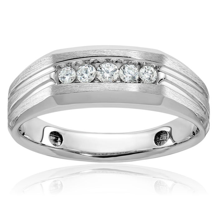 14K Solid White Gold Mens 5 Stone Diamond Wedding Band Ring