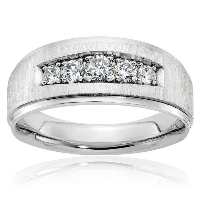 14K Solid White Gold Mens 5 Stone Diamond Wedding Band Ring