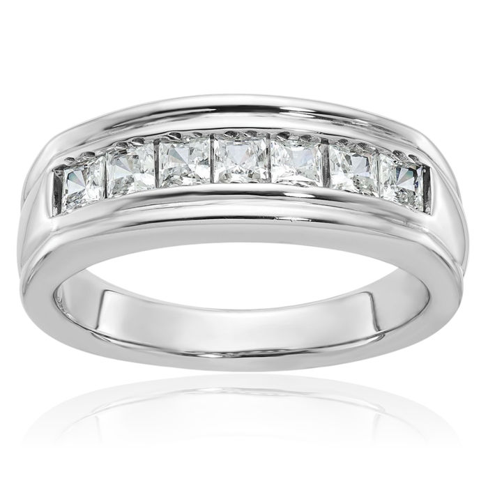 14K Solid White Gold Mens 7 Stone Square Diamond Wedding Band Ring