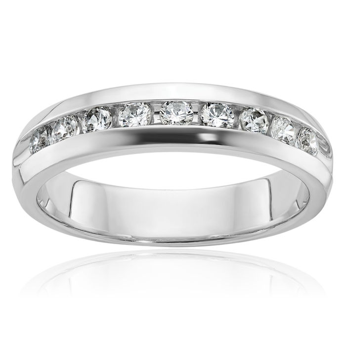 14K Solid White Gold Mens 9 Stone Diamond Wedding Band Ring