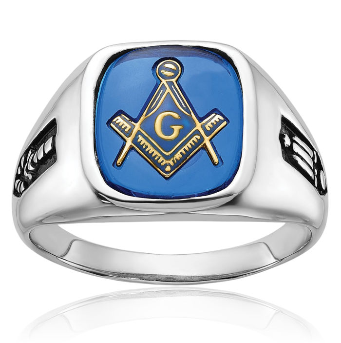 14K Solid White Gold Mens Black Blue Spinel Master Mason Signet Freemason Masonic Ring