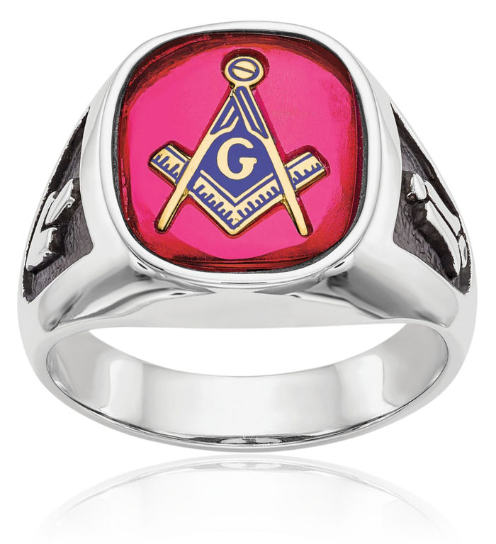 14K Solid White Gold Mens Black Lab Red Ruby Master Mason Signet Freemason Masonic Ring