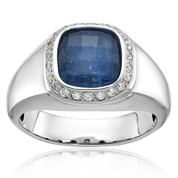 14K Solid White Gold Mens Blue Sapphire Stone Diamond Ring