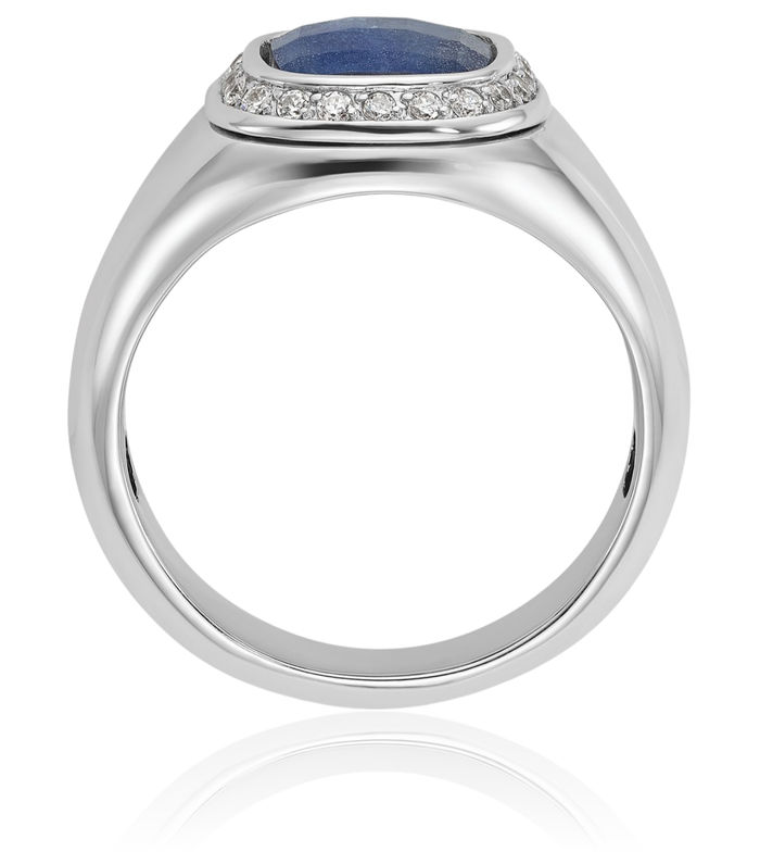 14K Solid White Gold Mens Blue Sapphire Stone Diamond Ring