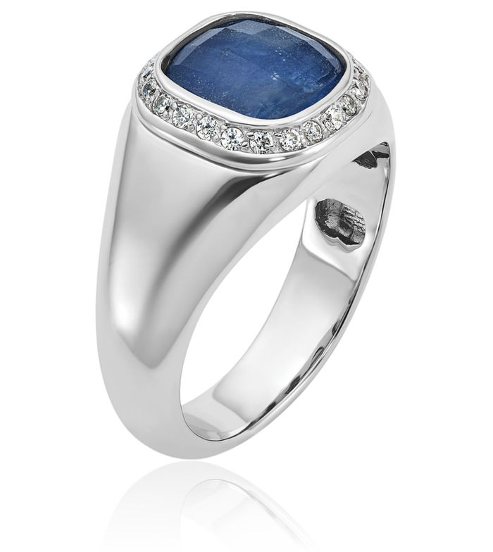 14K Solid White Gold Mens Blue Sapphire Stone Diamond Ring