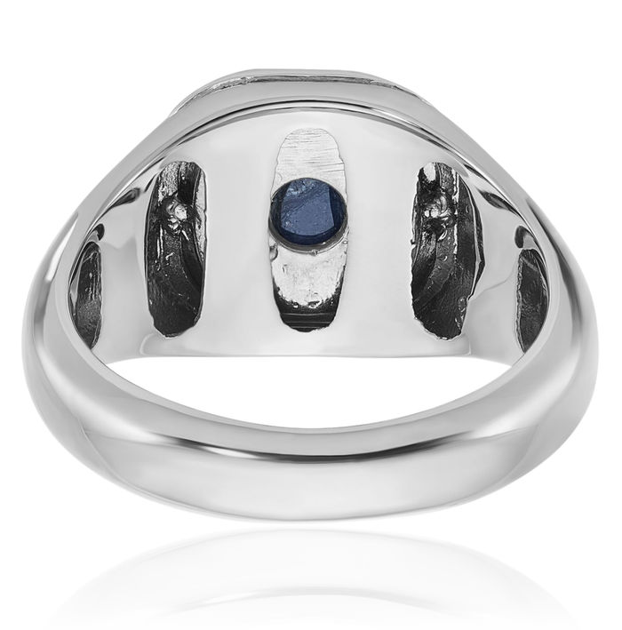 14K Solid White Gold Mens Blue Sapphire Stone Diamond Ring