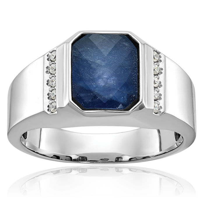 14K Solid White Gold Mens Blue Sapphire Stone Diamond Ring