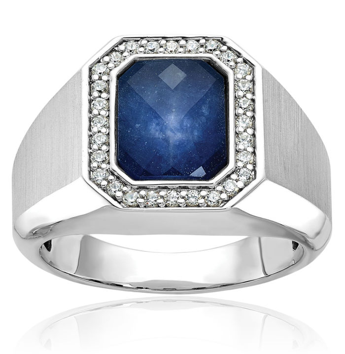 14K Solid White Gold Mens Blue Sapphire Stone Diamond Ring