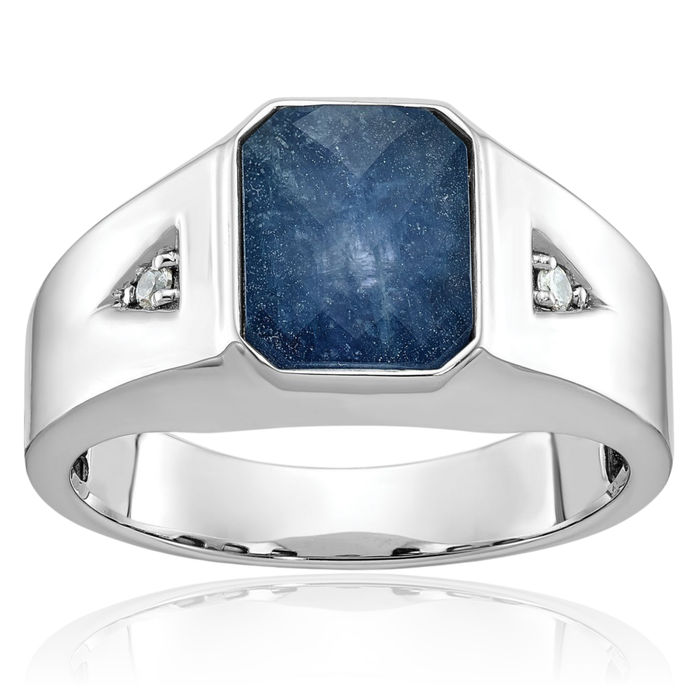 14K Solid White Gold Mens Blue Sapphire Stone Diamond Statement Ring