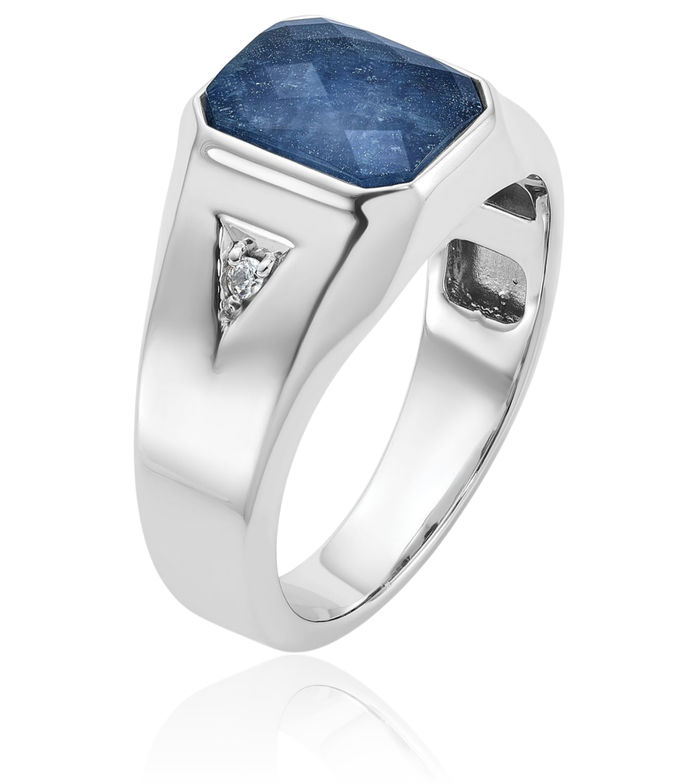 14K Solid White Gold Mens Blue Sapphire Stone Diamond Statement Ring