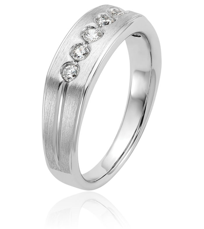 14K Solid White Gold Mens Diamond 5 Stone Wedding Band Statement Ring