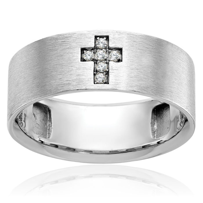 14K Solid White Gold Mens Diamond Holy Cross Ring Christian Religious Band