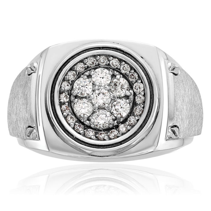 14K Solid White Gold Mens Diamond Round Statement Ring