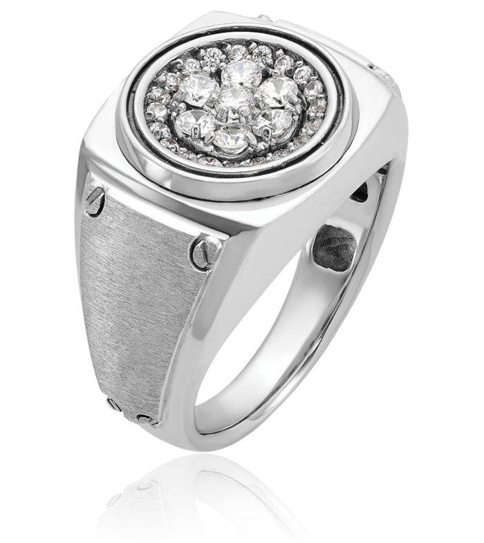 14K Solid White Gold Mens Diamond Round Statement Ring