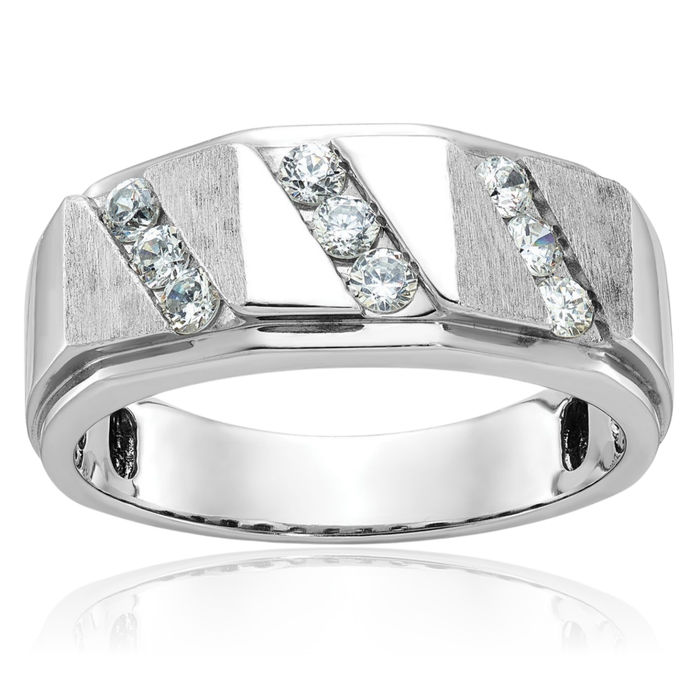 14K Solid White Gold Mens Diamond Wedding Band Statement Ring