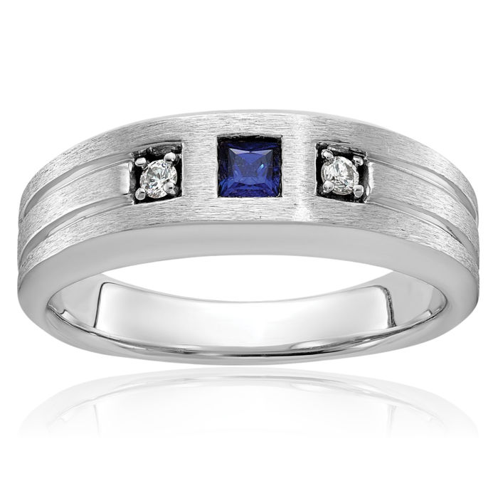 14K Solid White Gold Mens Lab Blue Sapphire Diamond Ring