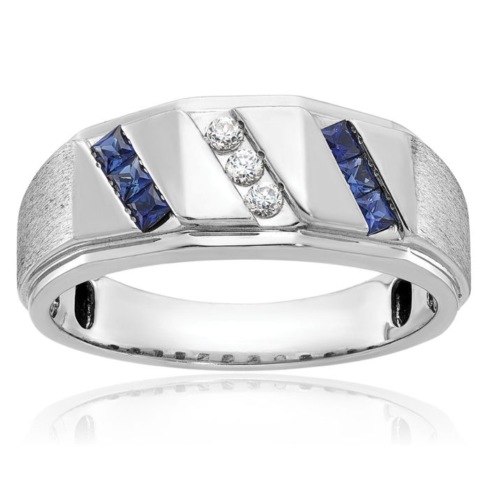 14K Solid White Gold Mens Lab Blue Sapphire Diamond Ring