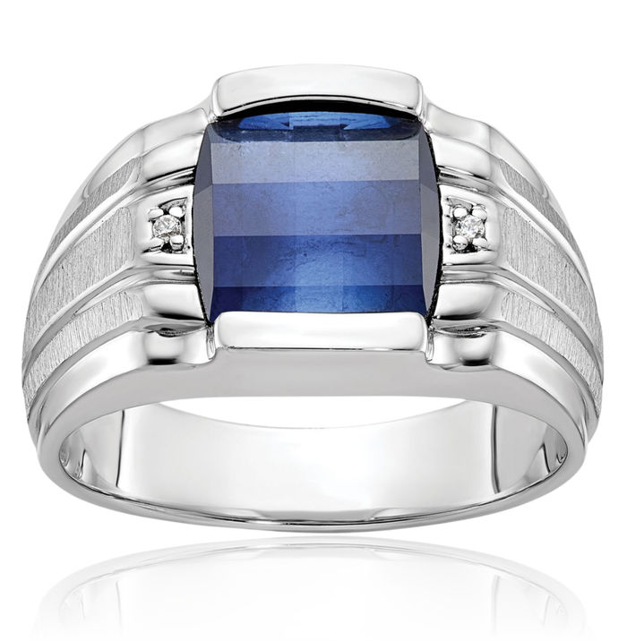 14K Solid White Gold Mens Lab Blue Sapphire Diamond Ring