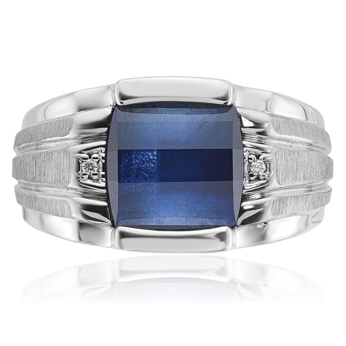 14K Solid White Gold Mens Lab Blue Sapphire Diamond Ring